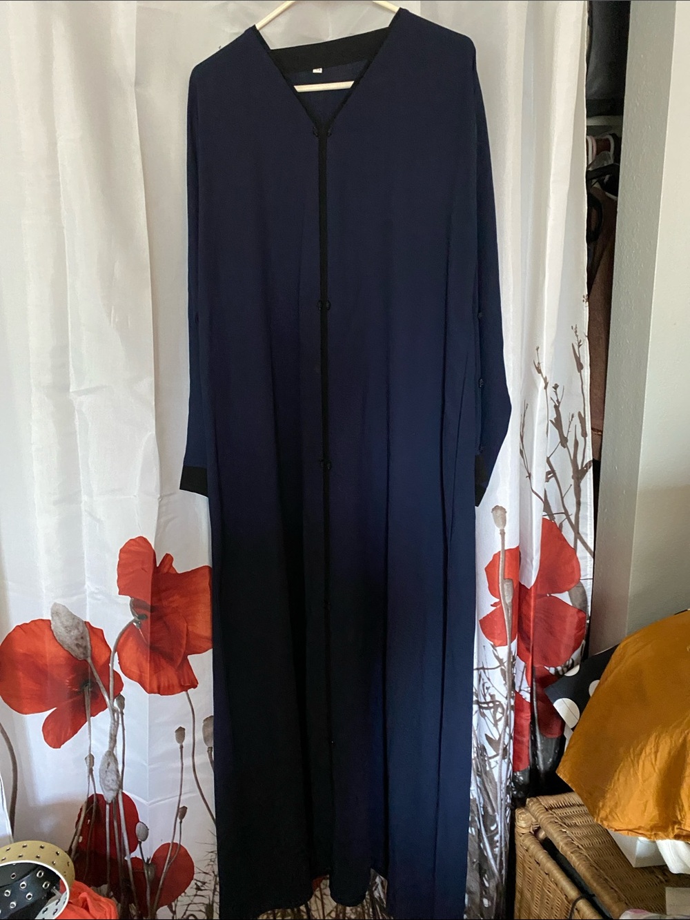 Long Sleeve Navy Khaftan style Maxi Dress with V-Neck and glitter buttons